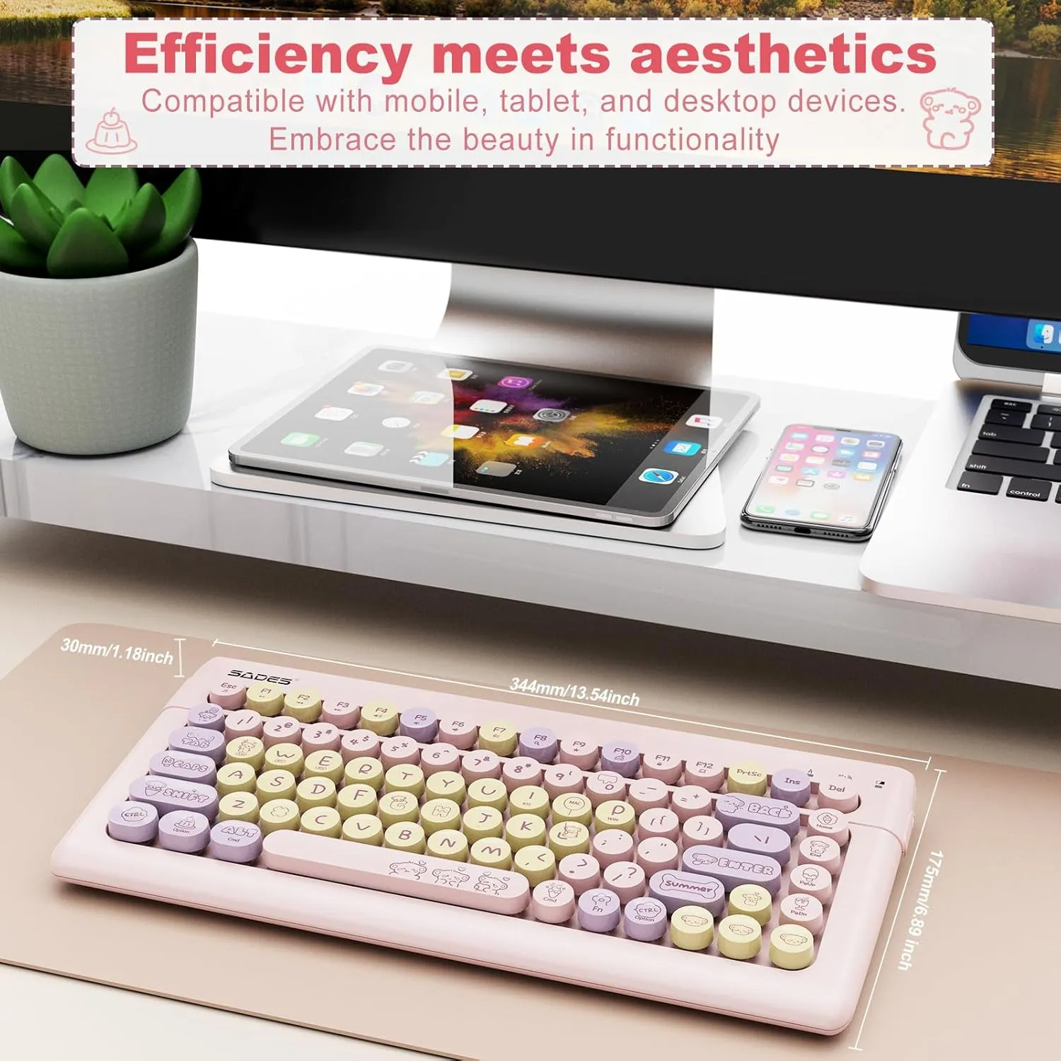 SADES Wireless Bluetooth Keyboard for Mac, iPad, iPhone, PC, Laptop & Android, Connect up to 3 Devices Simultaneously, Portable 84-Key Typewriter Retro Round Keycaps Keyboard -Pink