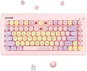SADES Wireless Bluetooth Keyboard for Mac, iPad, iPhone, PC, Laptop & Android, Connect up to 3 Devices Simultaneously, Portable 84-Key Typewriter Retro Round Keycaps Keyboard -Pink