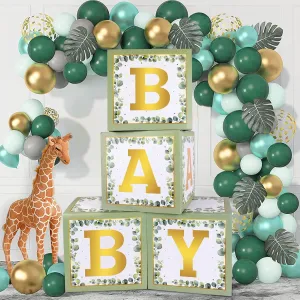 Sage Green Baby Shower Decorations for Girl Boy 4pcs Baby Boxes with Golden Letters Balloon Boxes Backdrop Baby Blocks for Baby Shower Woodland Birthday Party Decorations Gender Reveal Decorations