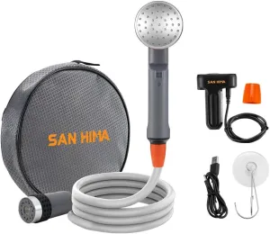 SanHima Portable Camping Shower Head & Pump - Outdoor Rechargeable Sprayer w/ 2 Heads for Travel Hiking Car Washing Pet Cleaning