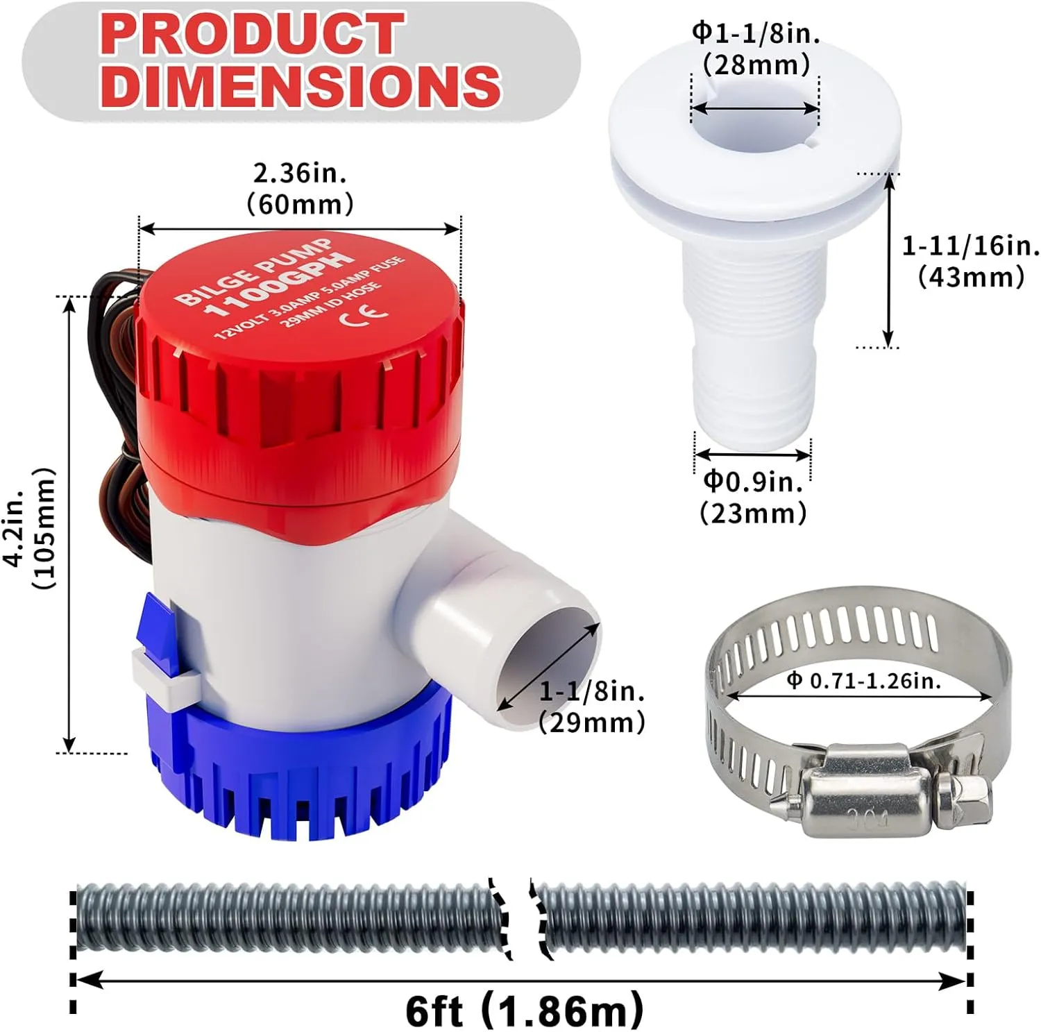 Sanuke 1100gph Boat Bilge Pumping Kit, 12V Bilge Water Pump with Float Switch, 6 FT Kink-free 1-1/8 Inch Hose, 2 Clamps and Thru-Hull Fitting, Bilge Pumps for Boats Kayak Cruisers