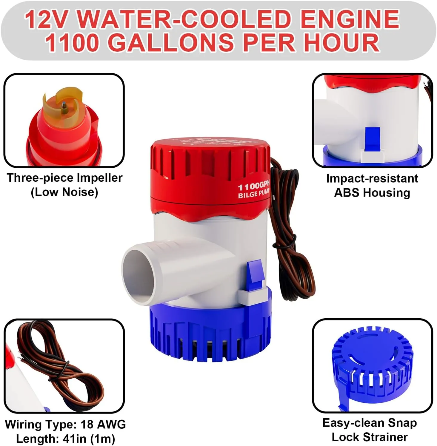 Sanuke 1100gph Boat Bilge Pumping Kit, 12V Bilge Water Pump with Float Switch, 6 FT Kink-free 1-1/8 Inch Hose, 2 Clamps and Thru-Hull Fitting, Bilge Pumps for Boats Kayak Cruisers