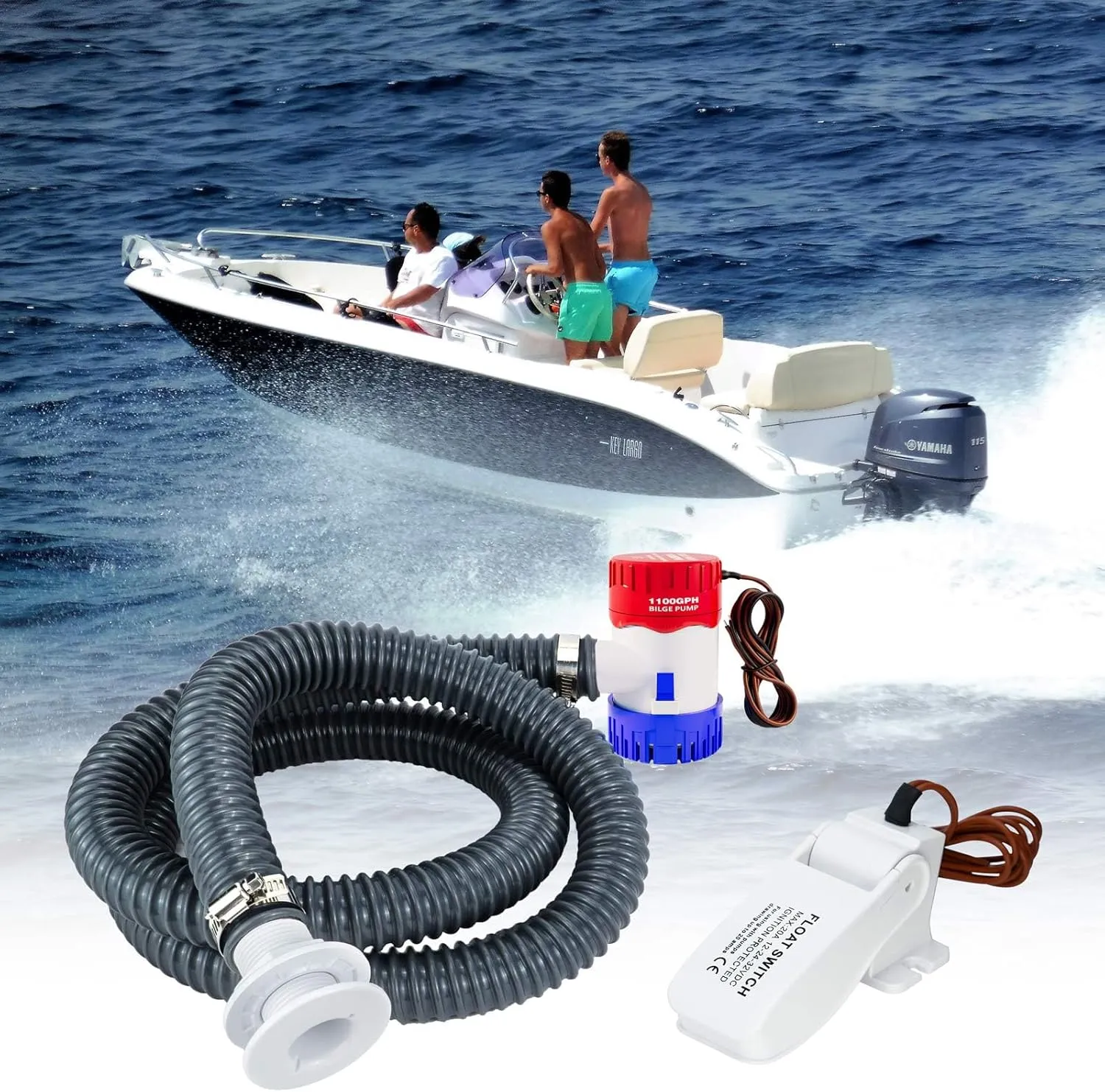 Sanuke 1100gph Boat Bilge Pumping Kit, 12V Bilge Water Pump with Float Switch, 6 FT Kink-free 1-1/8 Inch Hose, 2 Clamps and Thru-Hull Fitting, Bilge Pumps for Boats Kayak Cruisers