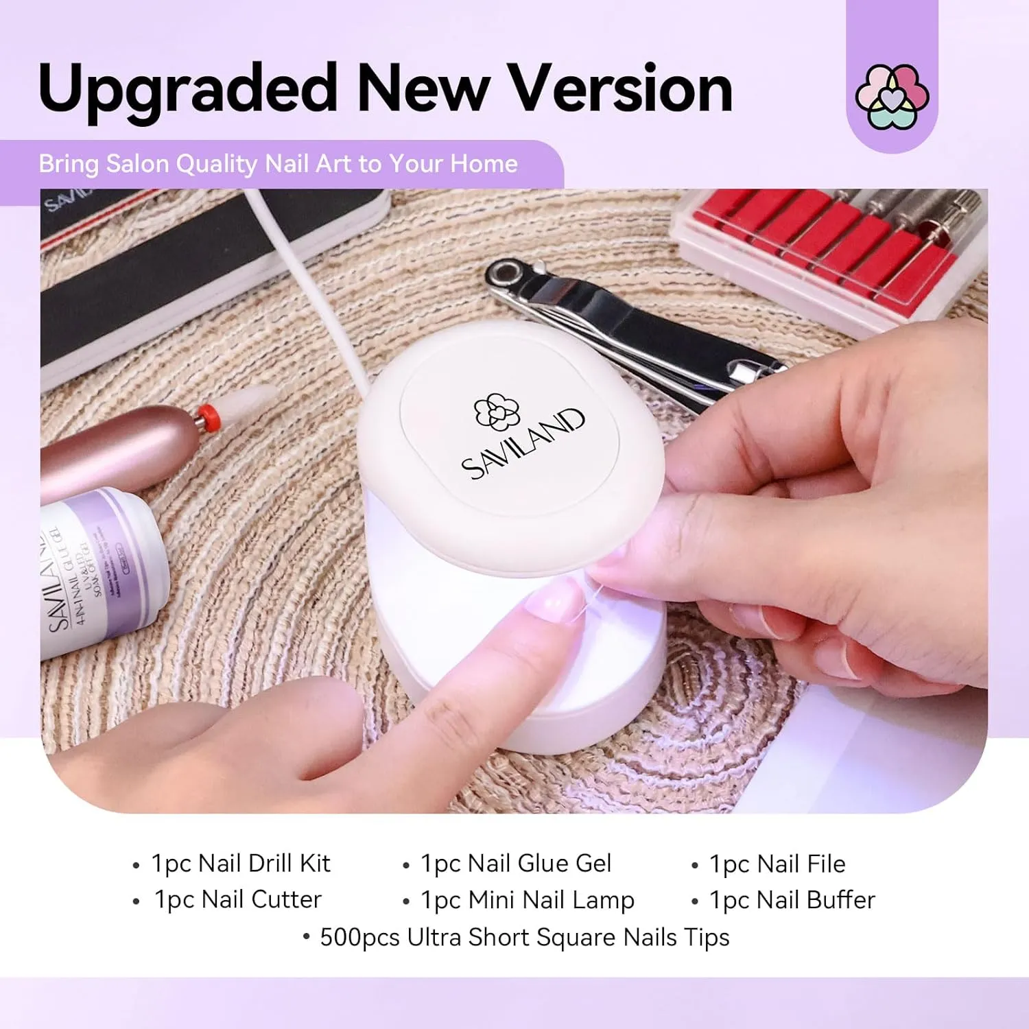 SAVILAND Gel Nail Kit Short Square - Nail Drill Kit 500 PCS Natural False Nail Tips For Acrylic Nails U V Nail Lamp Manicure Tools for Nail Extension Nail Art For Women Home DIY Nail Salon