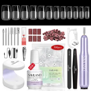 SAVILAND Gel Nail Kit Short Square - Nail Drill Kit 500 PCS Natural False Nail Tips For Acrylic Nails U V Nail Lamp Manicure Tools for Nail Extension Nail Art For Women Home DIY Nail Salon