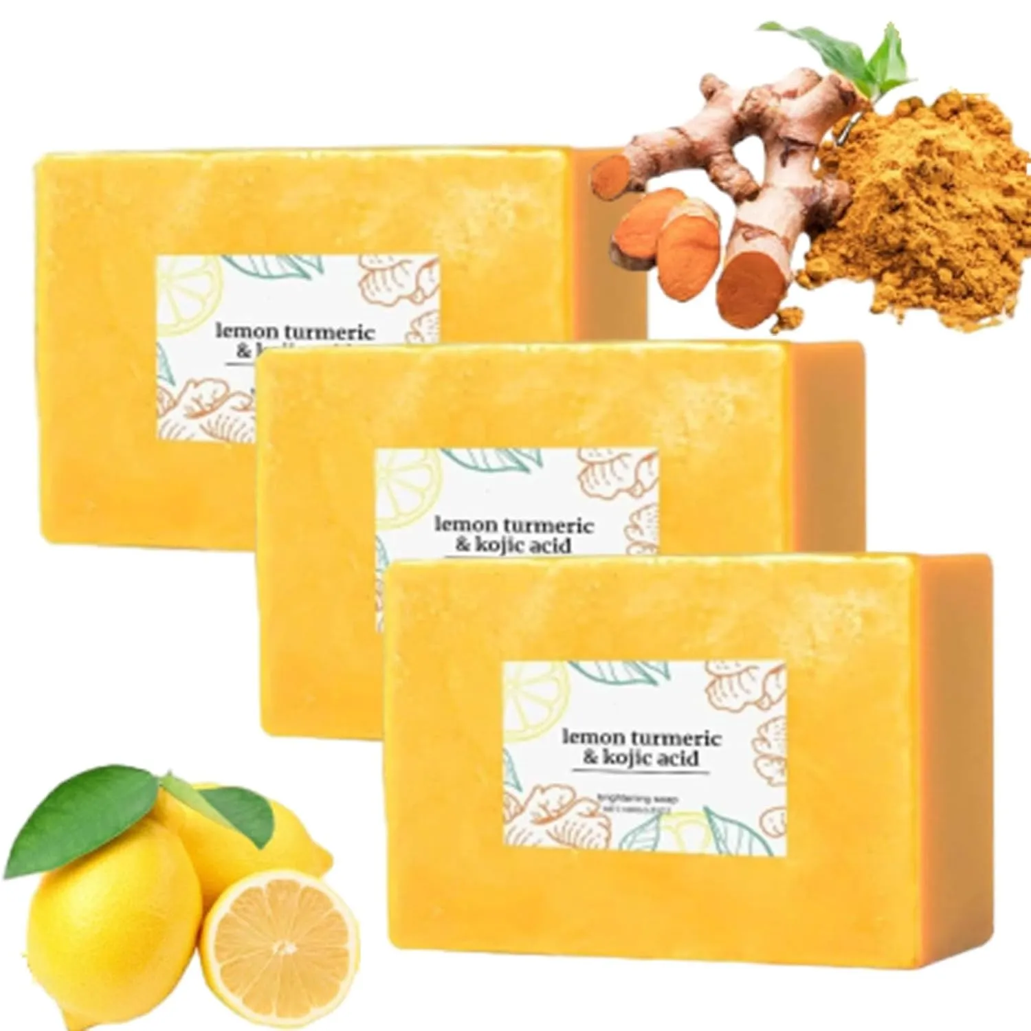 Scentric Glow Turmeric Soap, Lemon Turmeric Kojic Soaps, Natural Handmade Bar Moisturizing & Soothing Gentle Cleanser Soaps for Men & Women (3PCS)