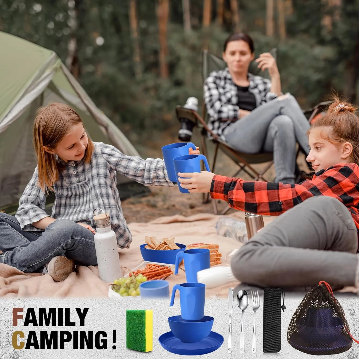 Scout Camping Mess Kit for 1 Person Boy Scout Dishes Set Girl Scout Mess Kit with Mesh Bag Reusable Light Weight Eating Utensils Plastic Camping Cutlery Set for Travel Camp
