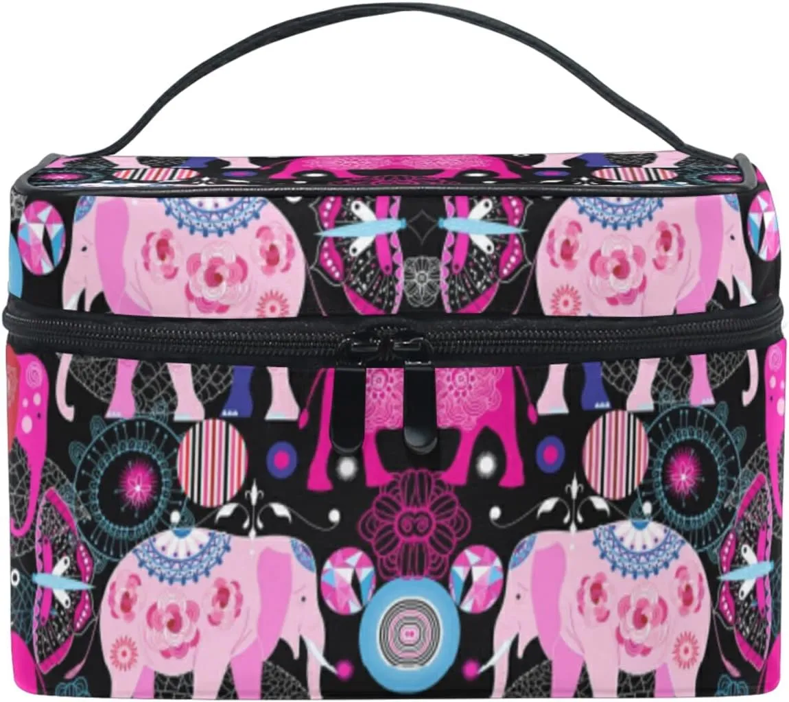 Seamless Bright Pink Elephants Tribal Ethnic Theme on Black Beauty Cosmetic with Zipper Brush Portable Storage Bag, Fashion printing Toiletry, Durable Travel Organizer Tote Unisex Gifts