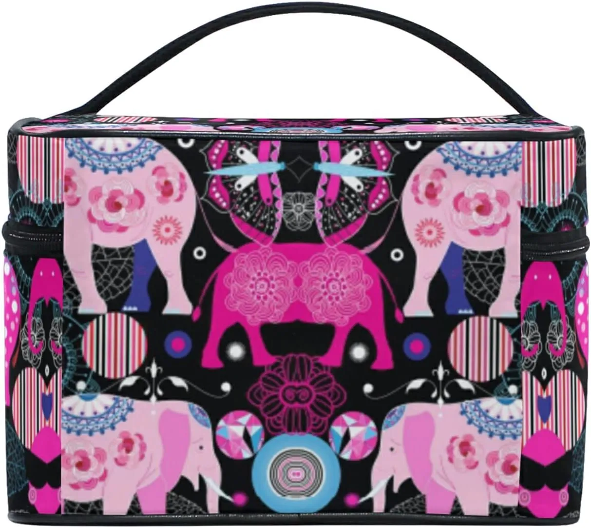 Seamless Bright Pink Elephants Tribal Ethnic Theme on Black Beauty Cosmetic with Zipper Brush Portable Storage Bag, Fashion printing Toiletry, Durable Travel Organizer Tote Unisex Gifts