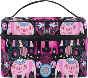 Seamless Bright Pink Elephants Tribal Ethnic Theme on Black Beauty Cosmetic with Zipper Brush Portable Storage Bag, Fashion printing Toiletry, Durable Travel Organizer Tote Unisex Gifts