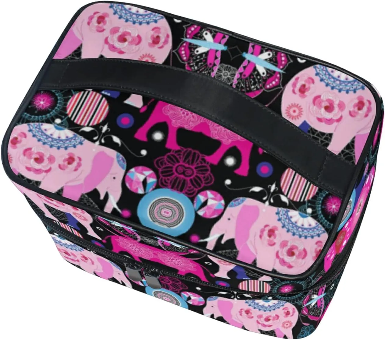 Seamless Bright Pink Elephants Tribal Ethnic Theme on Black Beauty Cosmetic with Zipper Brush Portable Storage Bag, Fashion printing Toiletry, Durable Travel Organizer Tote Unisex Gifts