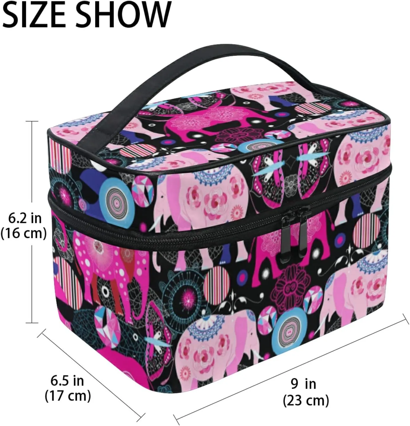 Seamless Bright Pink Elephants Tribal Ethnic Theme on Black Beauty Cosmetic with Zipper Brush Portable Storage Bag, Fashion printing Toiletry, Durable Travel Organizer Tote Unisex Gifts