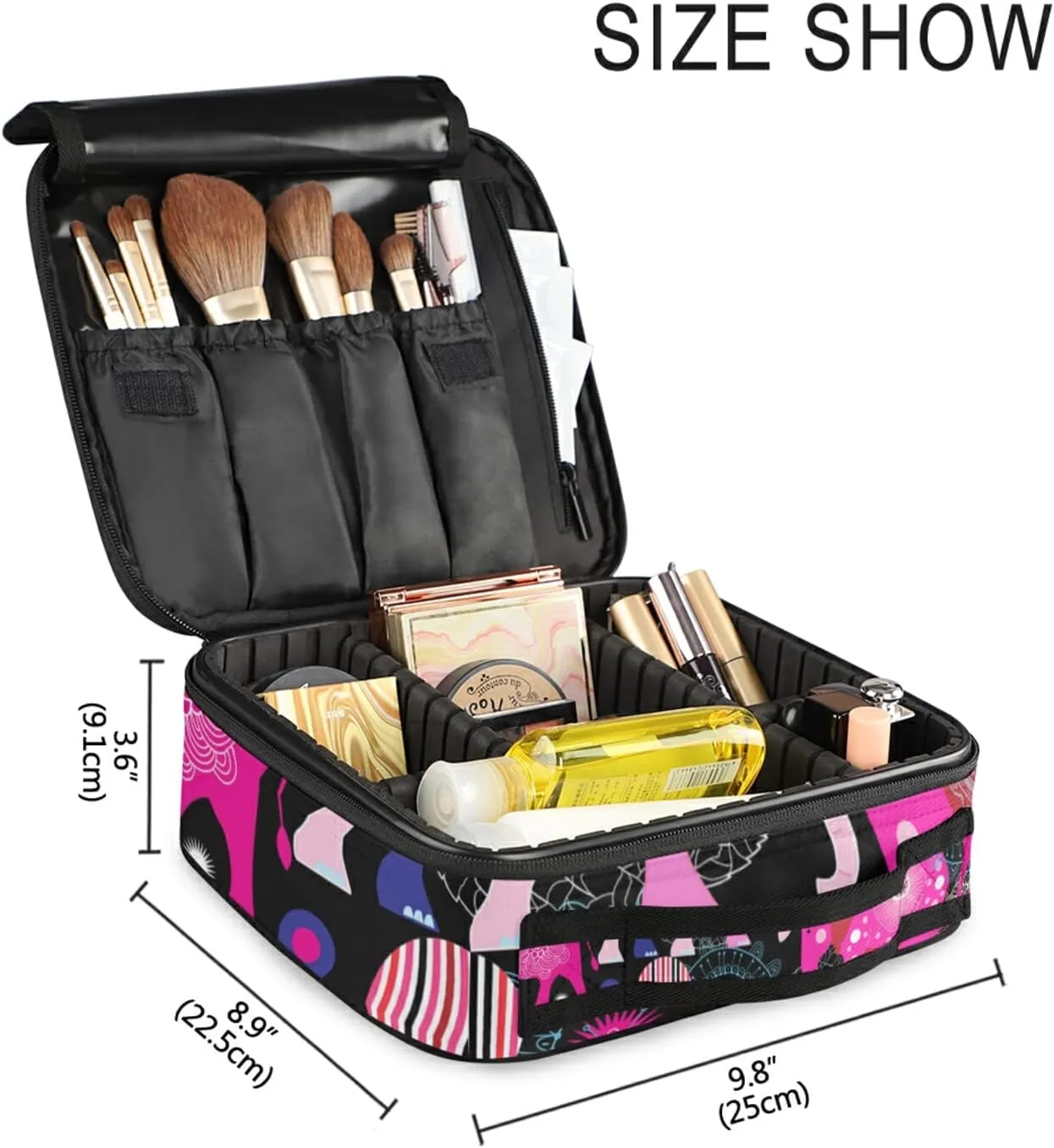 Seamless Bright Pink Elephants Tribal Ethnic Theme on Black Women's Portable Makeup Bags with Handle, Adjustable Dividers, Travel Cosmetic Toiletry Accessories Storage Organizer for Girls