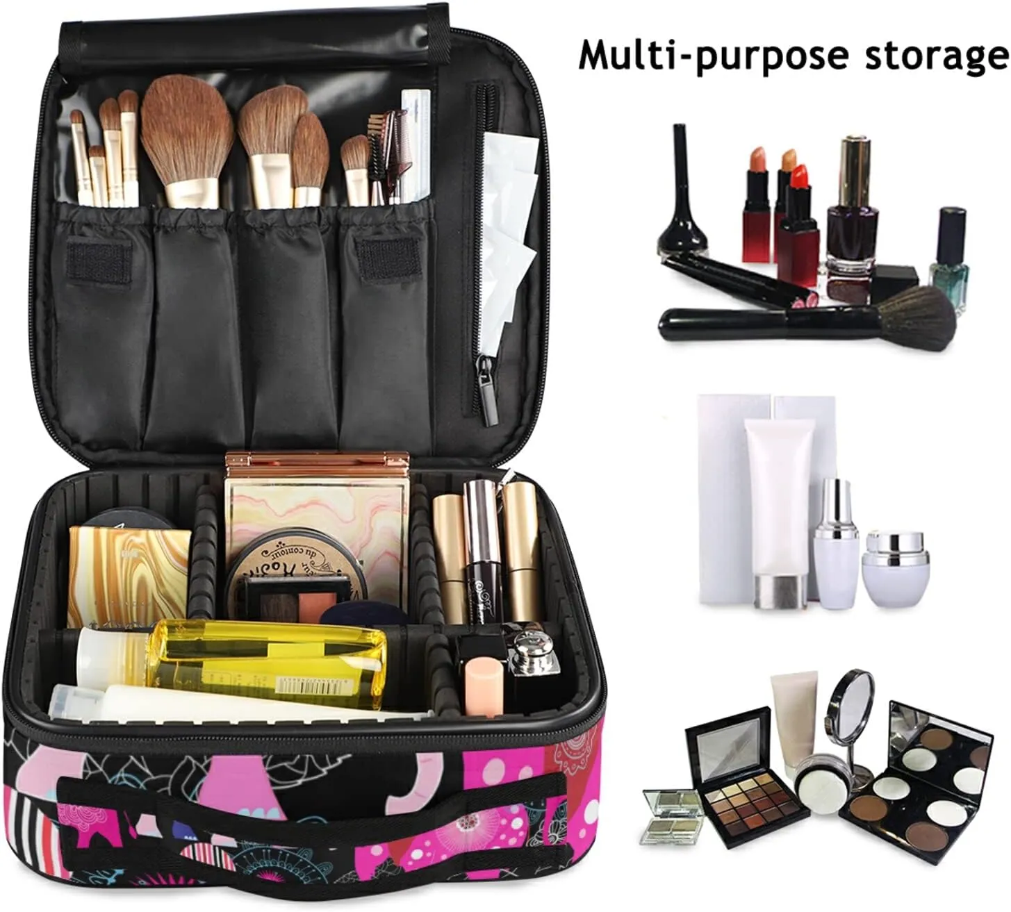 Seamless Bright Pink Elephants Tribal Ethnic Theme on Black Women's Portable Makeup Bags with Handle, Adjustable Dividers, Travel Cosmetic Toiletry Accessories Storage Organizer for Girls