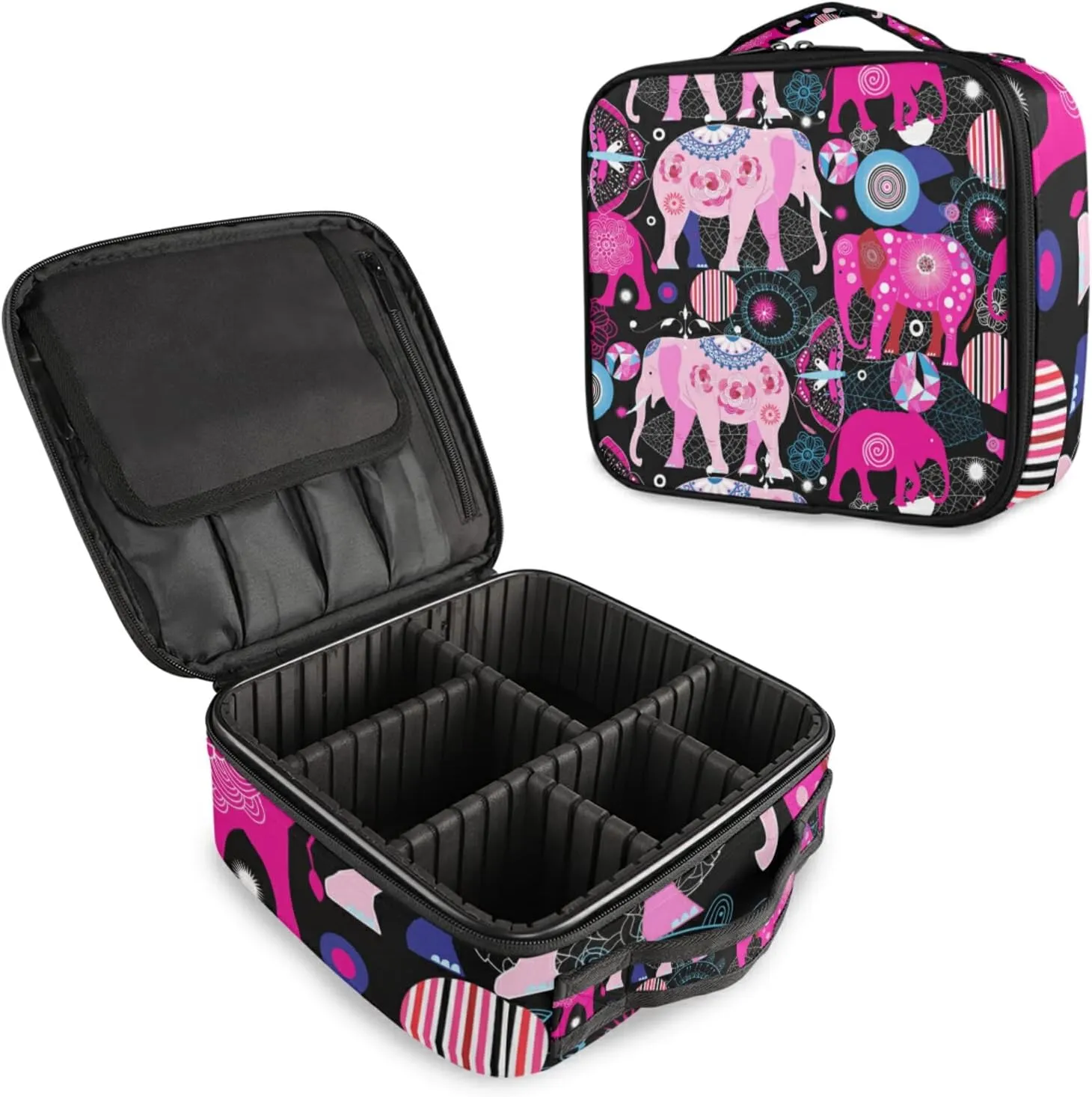 Seamless Bright Pink Elephants Tribal Ethnic Theme on Black Women's Portable Makeup Bags with Handle, Adjustable Dividers, Travel Cosmetic Toiletry Accessories Storage Organizer for Girls