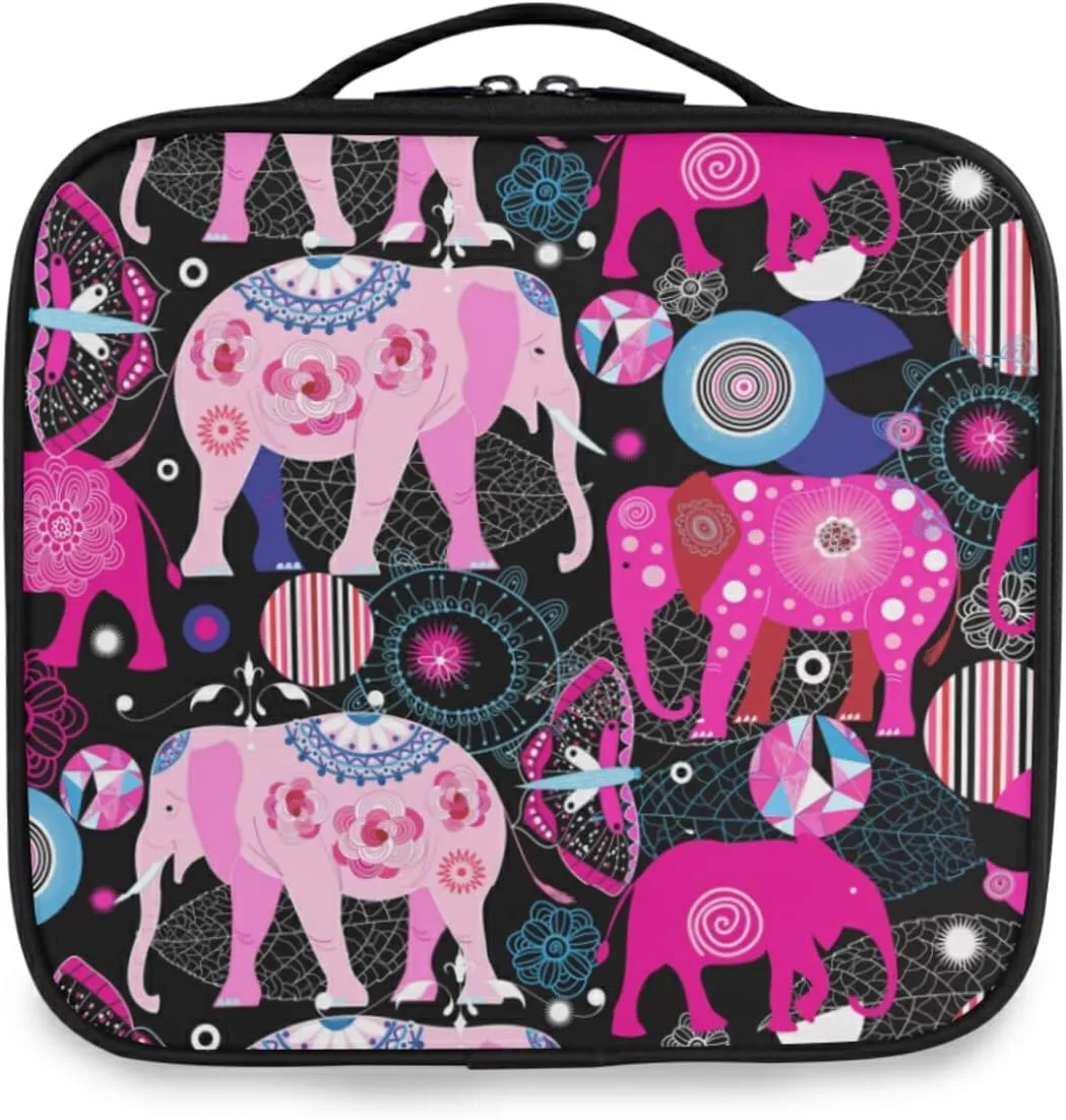 Seamless Bright Pink Elephants Tribal Ethnic Theme on Black Women's Portable Makeup Bags with Handle, Adjustable Dividers, Travel Cosmetic Toiletry Accessories Storage Organizer for Girls