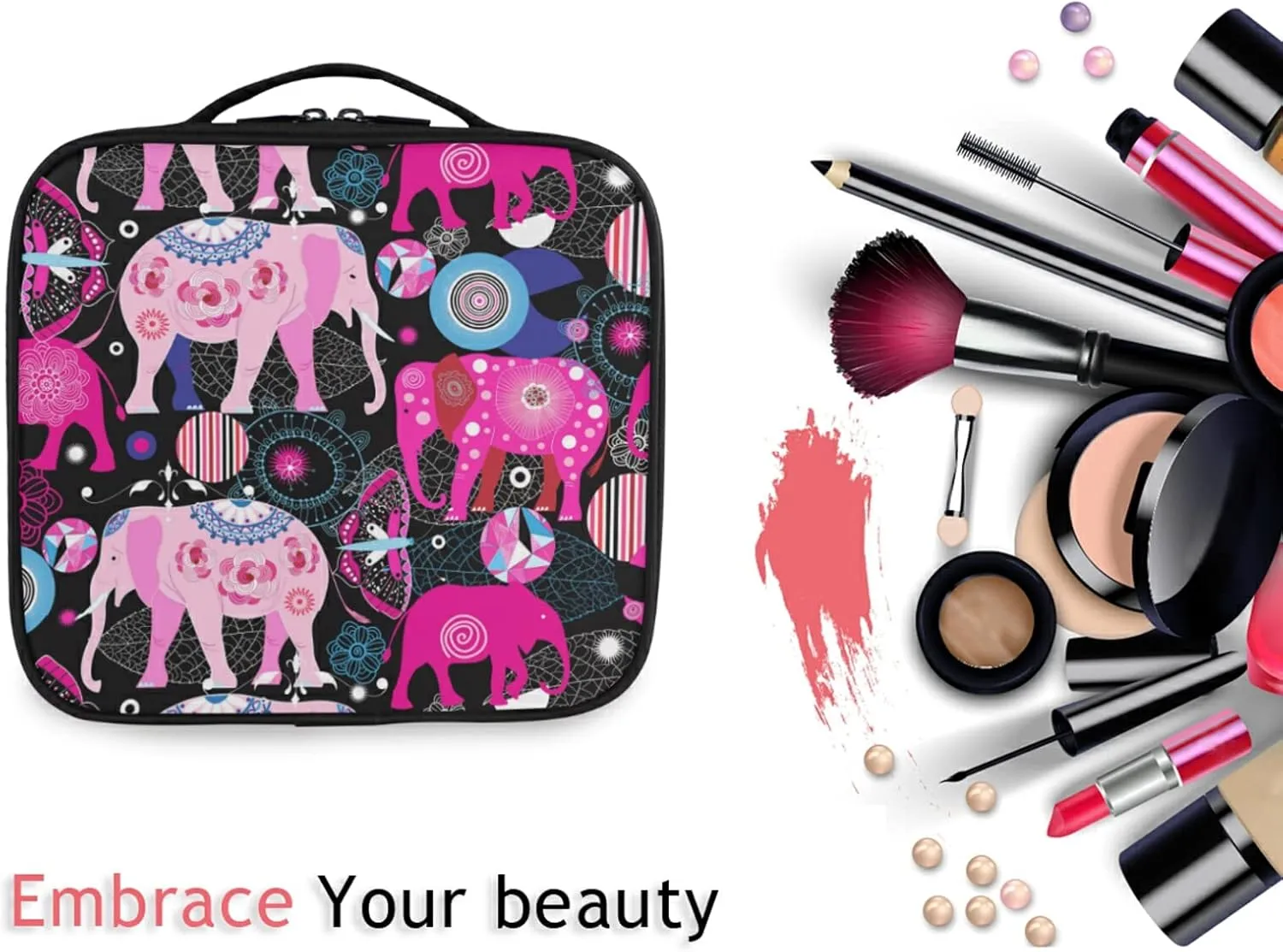 Seamless Bright Pink Elephants Tribal Ethnic Theme on Black Women's Portable Makeup Bags with Handle, Adjustable Dividers, Travel Cosmetic Toiletry Accessories Storage Organizer for Girls