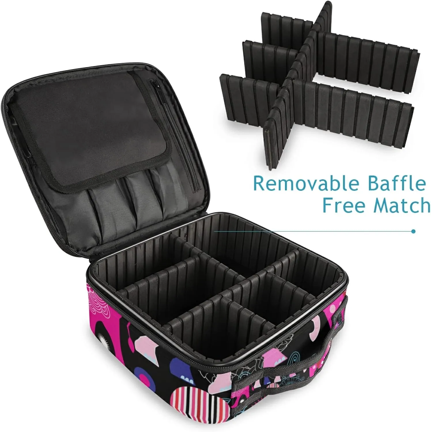 Seamless Bright Pink Elephants Tribal Ethnic Theme on Black Women's Portable Makeup Bags with Handle, Adjustable Dividers, Travel Cosmetic Toiletry Accessories Storage Organizer for Girls