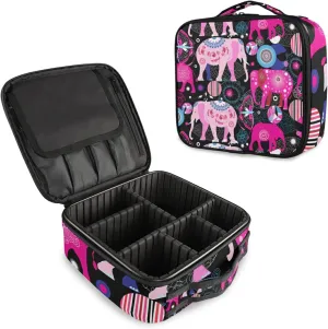Seamless Bright Pink Elephants Tribal Ethnic Theme on Black Women's Portable Makeup Bags with Handle, Adjustable Dividers, Travel Cosmetic Toiletry Accessories Storage Organizer for Girls