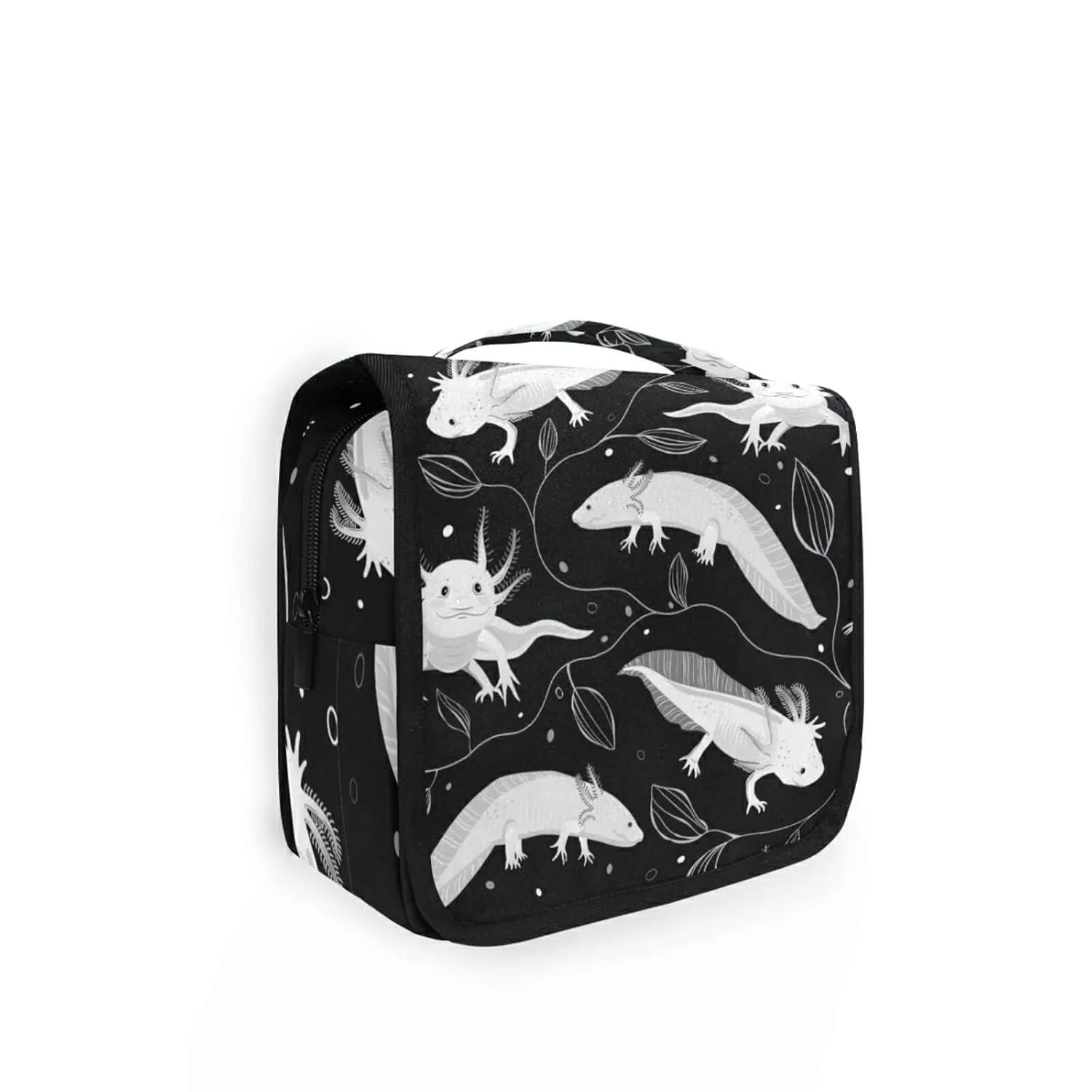 Seamless White Swimming Axolotls, Algae Leaves on Dark Travel Cosmetic Bag, Hanging Toiletry Wash bag, Portable Makeup Organizer Brush Case, Storage Bag with Hook for Bathroom Toilet