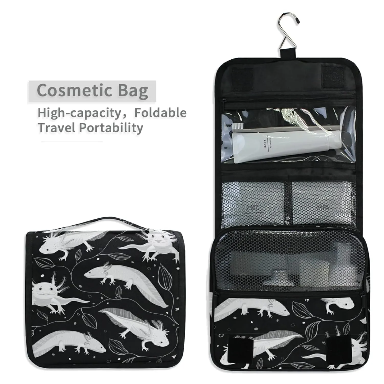 Seamless White Swimming Axolotls, Algae Leaves on Dark Travel Cosmetic Bag, Hanging Toiletry Wash bag, Portable Makeup Organizer Brush Case, Storage Bag with Hook for Bathroom Toilet