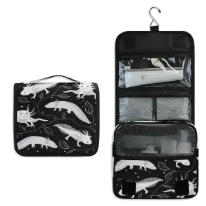 Seamless White Swimming Axolotls, Algae Leaves on Dark Travel Cosmetic Bag, Hanging Toiletry Wash bag, Portable Makeup Organizer Brush Case, Storage Bag with Hook for Bathroom Toilet