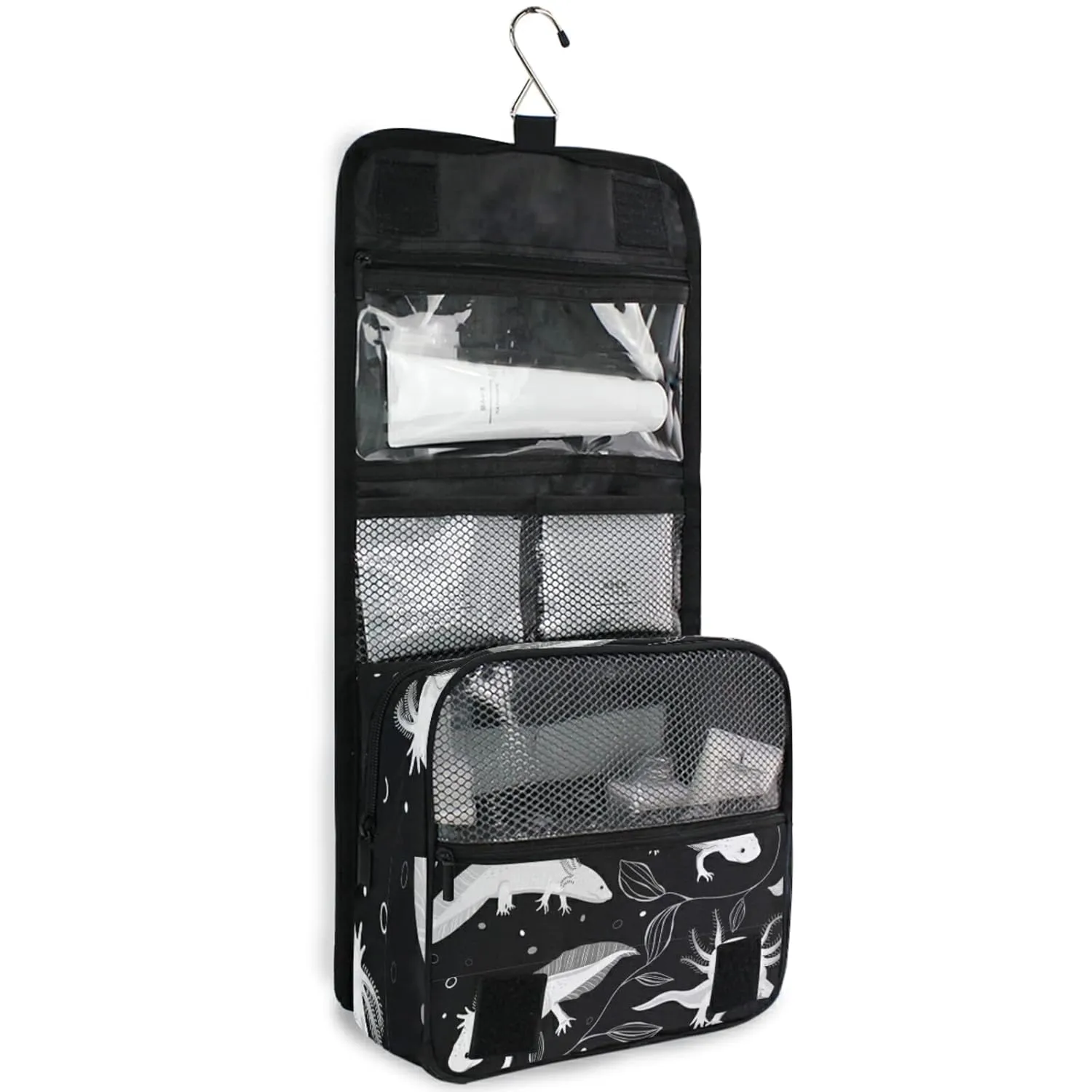 Seamless White Swimming Axolotls, Algae Leaves on Dark Travel Cosmetic Bag, Hanging Toiletry Wash bag, Portable Makeup Organizer Brush Case, Storage Bag with Hook for Bathroom Toilet
