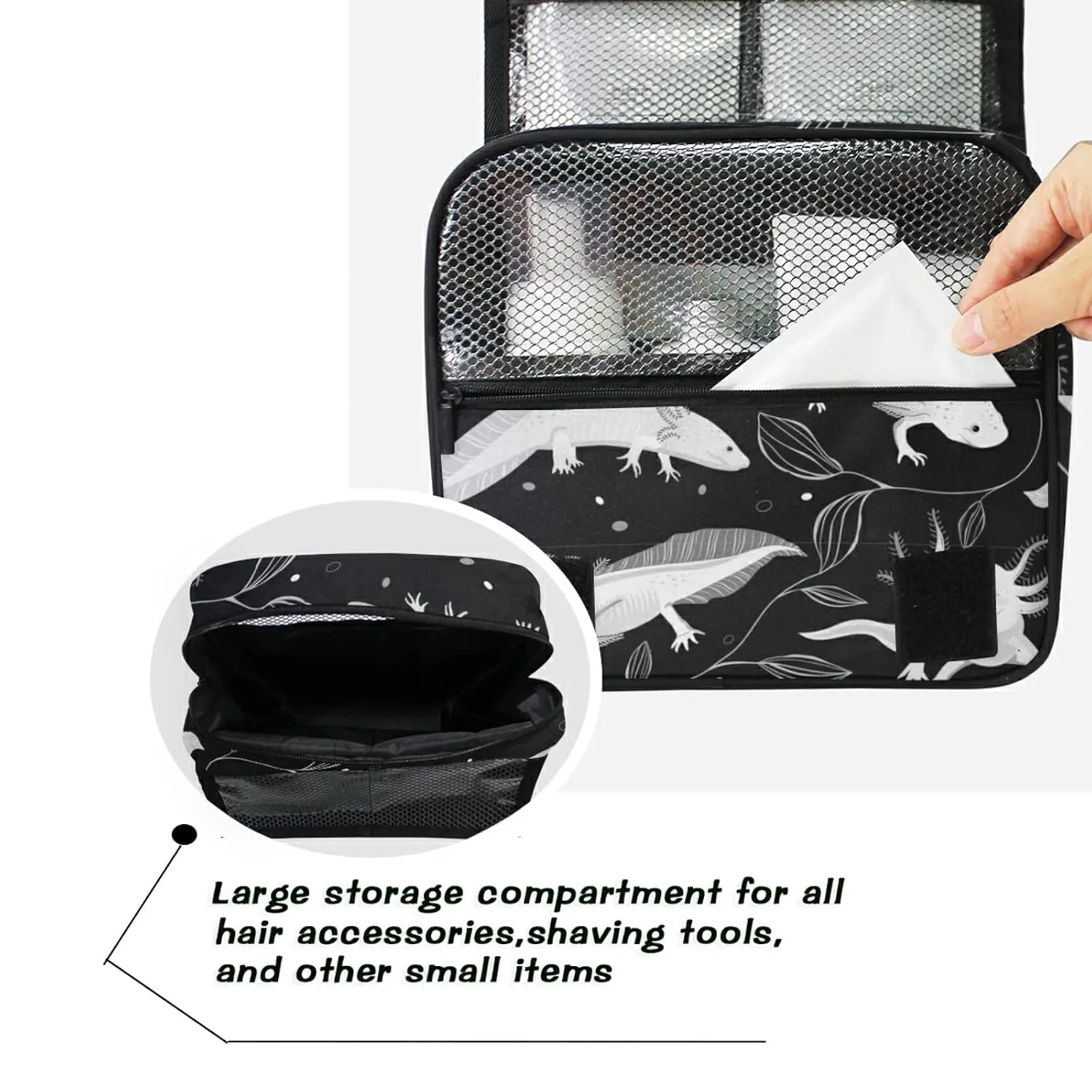 Seamless White Swimming Axolotls, Algae Leaves on Dark Travel Cosmetic Bag, Hanging Toiletry Wash bag, Portable Makeup Organizer Brush Case, Storage Bag with Hook for Bathroom Toilet