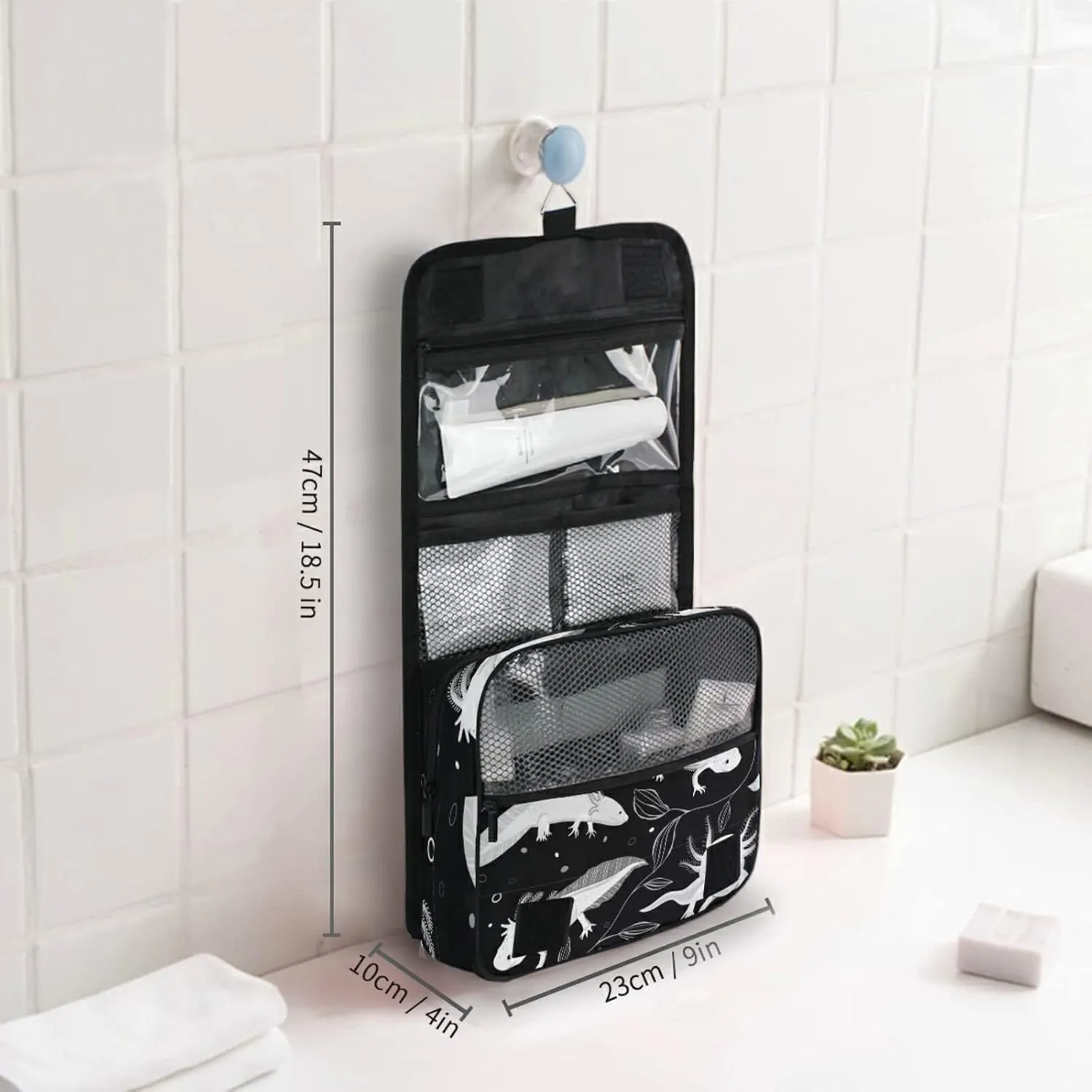 Seamless White Swimming Axolotls, Algae Leaves on Dark Travel Cosmetic Bag, Hanging Toiletry Wash bag, Portable Makeup Organizer Brush Case, Storage Bag with Hook for Bathroom Toilet