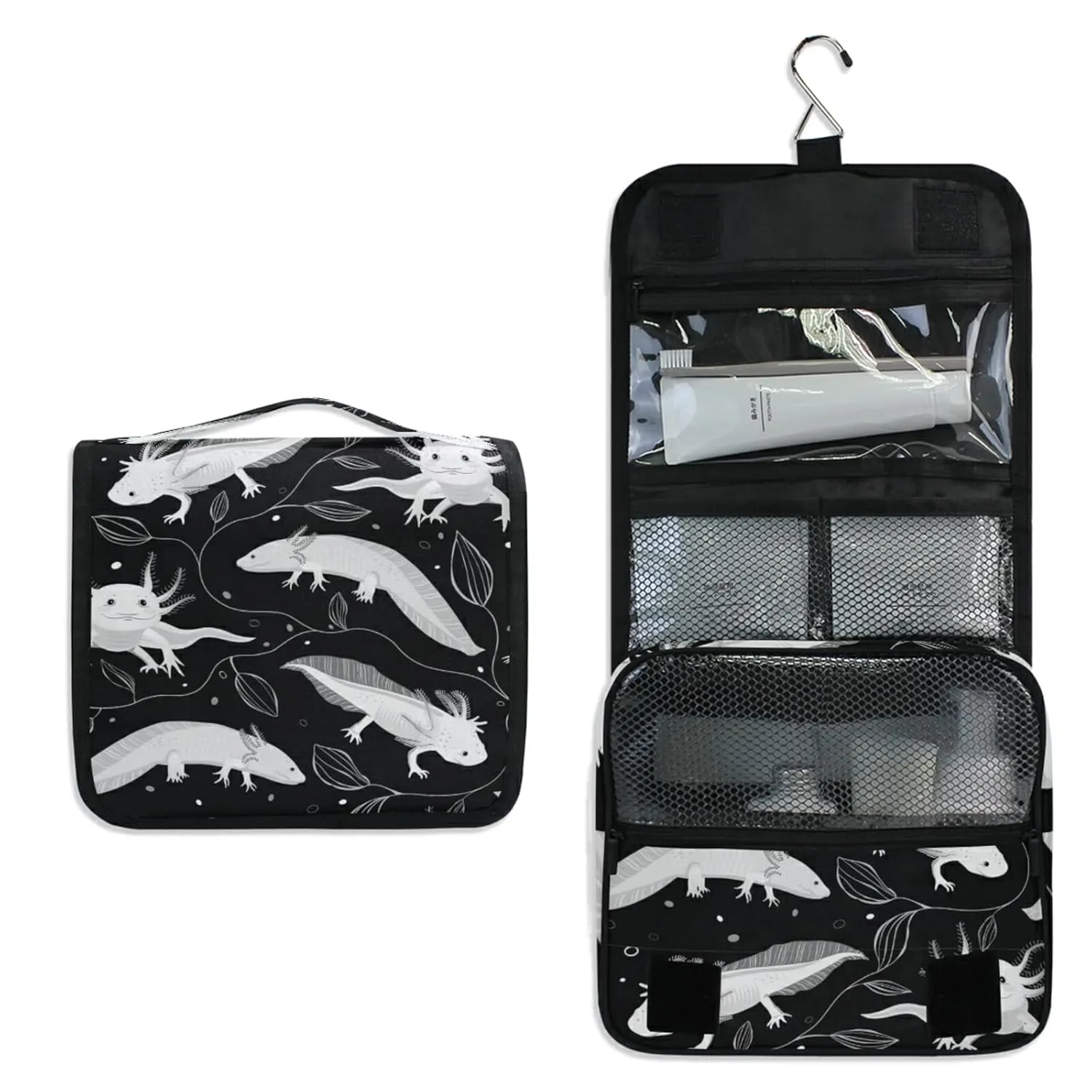 Seamless White Swimming Axolotls, Algae Leaves on Dark Travel Cosmetic Bag, Hanging Toiletry Wash bag, Portable Makeup Organizer Brush Case, Storage Bag with Hook for Bathroom Toilet
