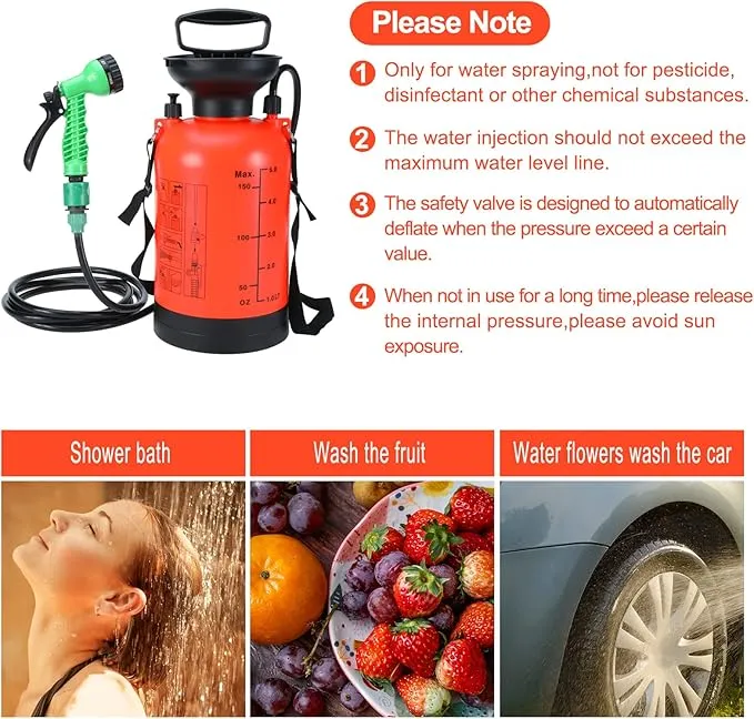 SearQing Portable Shower for Camping with 7 Spray Modes, 1.3 Gallon Hand Press Camping Shower with Removable Hose and Shower Head,5L Pressure Rinse Kits for Hiking Traveling Garden Beach Pet Shower