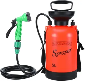 SearQing Portable Shower for Camping with 7 Spray Modes, 1.3 Gallon Hand Press Camping Shower with Removable Hose and Shower Head,5L Pressure Rinse Kits for Hiking Traveling Garden Beach Pet Shower