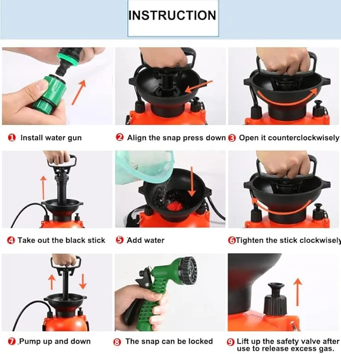 SearQing Portable Shower for Camping with 7 Spray Modes, 1.3 Gallon Hand Press Camping Shower with Removable Hose and Shower Head,5L Pressure Rinse Kits for Hiking Traveling Garden Beach Pet Shower