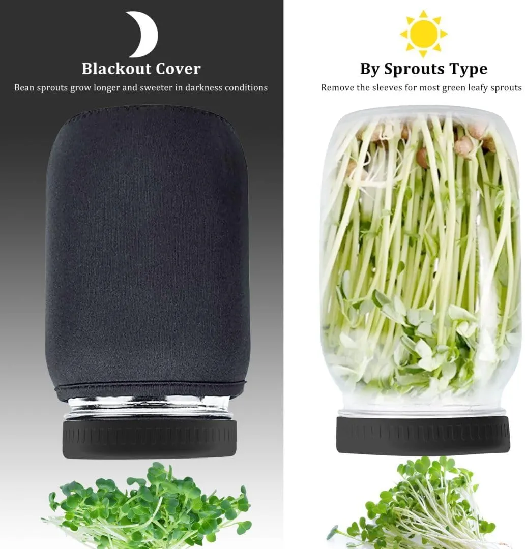 Seed Sprouting Kit, 2 Large Wide Mouth Mason Jars with Sprout Lids, Blackout Sleeves, Drain Tray, Stainless Steel Stand, Sprouts Growing Kit for Bean, Broccoli, Alfalfa (Black)