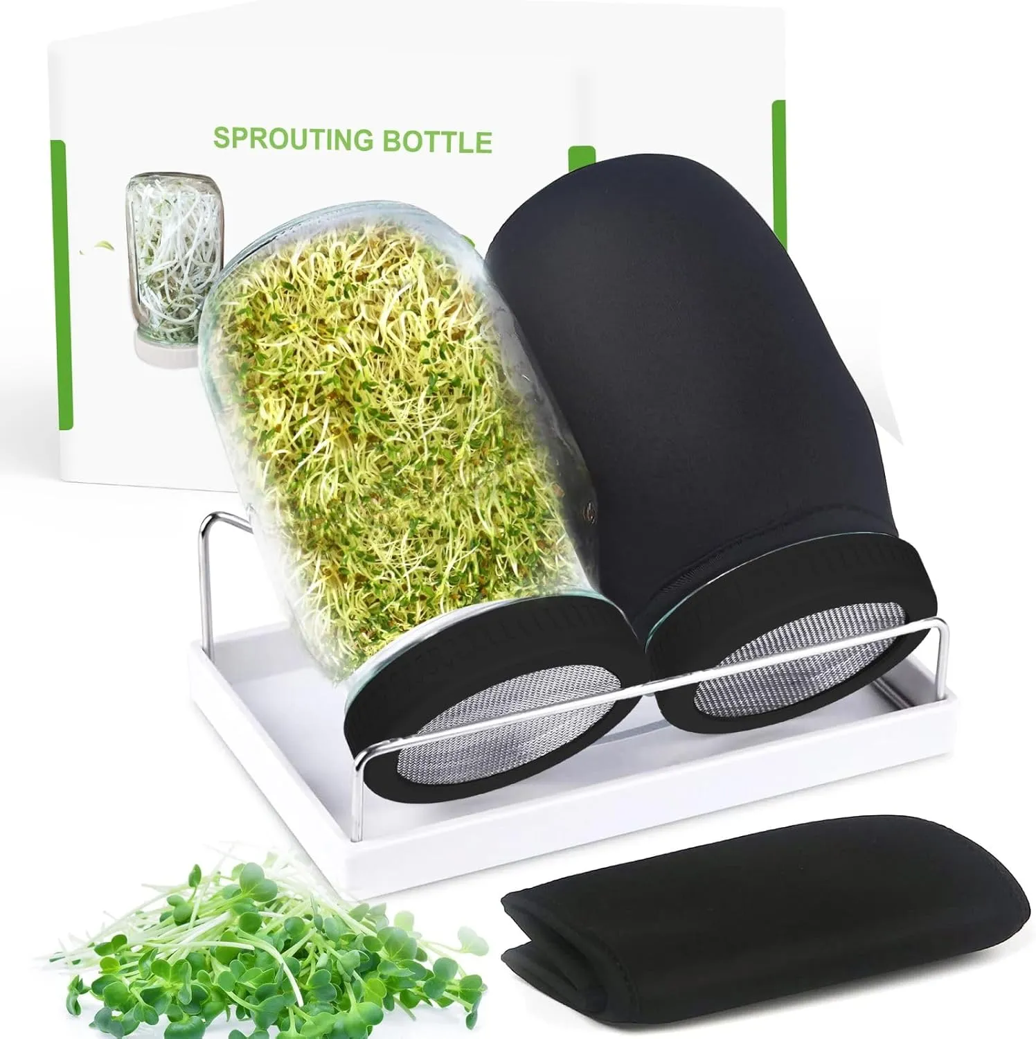 Seed Sprouting Kit, 2 Large Wide Mouth Mason Jars with Sprout Lids, Blackout Sleeves, Drain Tray, Stainless Steel Stand, Sprouts Growing Kit for Bean, Broccoli, Alfalfa (Black)
