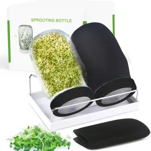 Seed Sprouting Kit, 2 Large Wide Mouth Mason Jars with Sprout Lids, Blackout Sleeves, Drain Tray, Stainless Steel Stand, Sprouts Growing Kit for Bean, Broccoli, Alfalfa (Black)