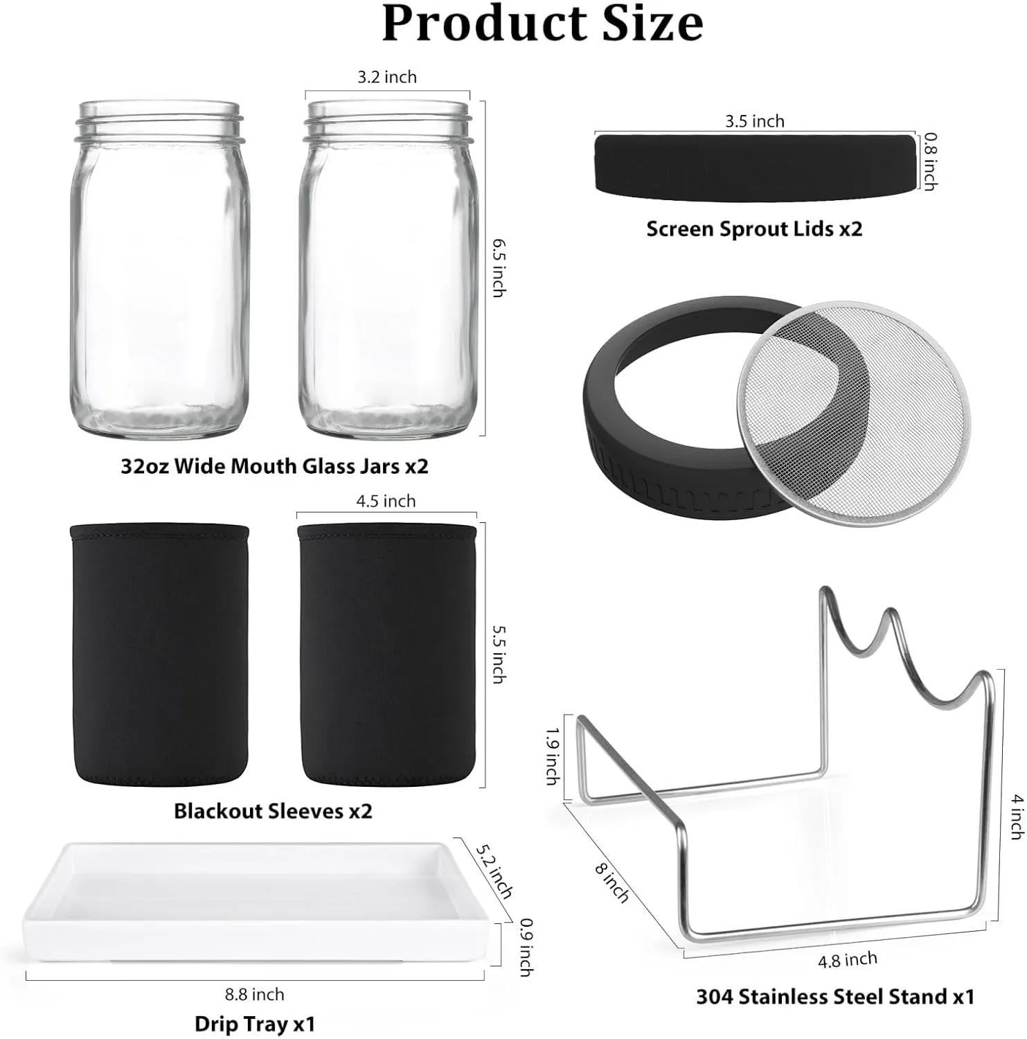 Seed Sprouting Kit, 2 Large Wide Mouth Mason Jars with Sprout Lids, Blackout Sleeves, Drain Tray, Stainless Steel Stand, Sprouts Growing Kit for Bean, Broccoli, Alfalfa (Black)