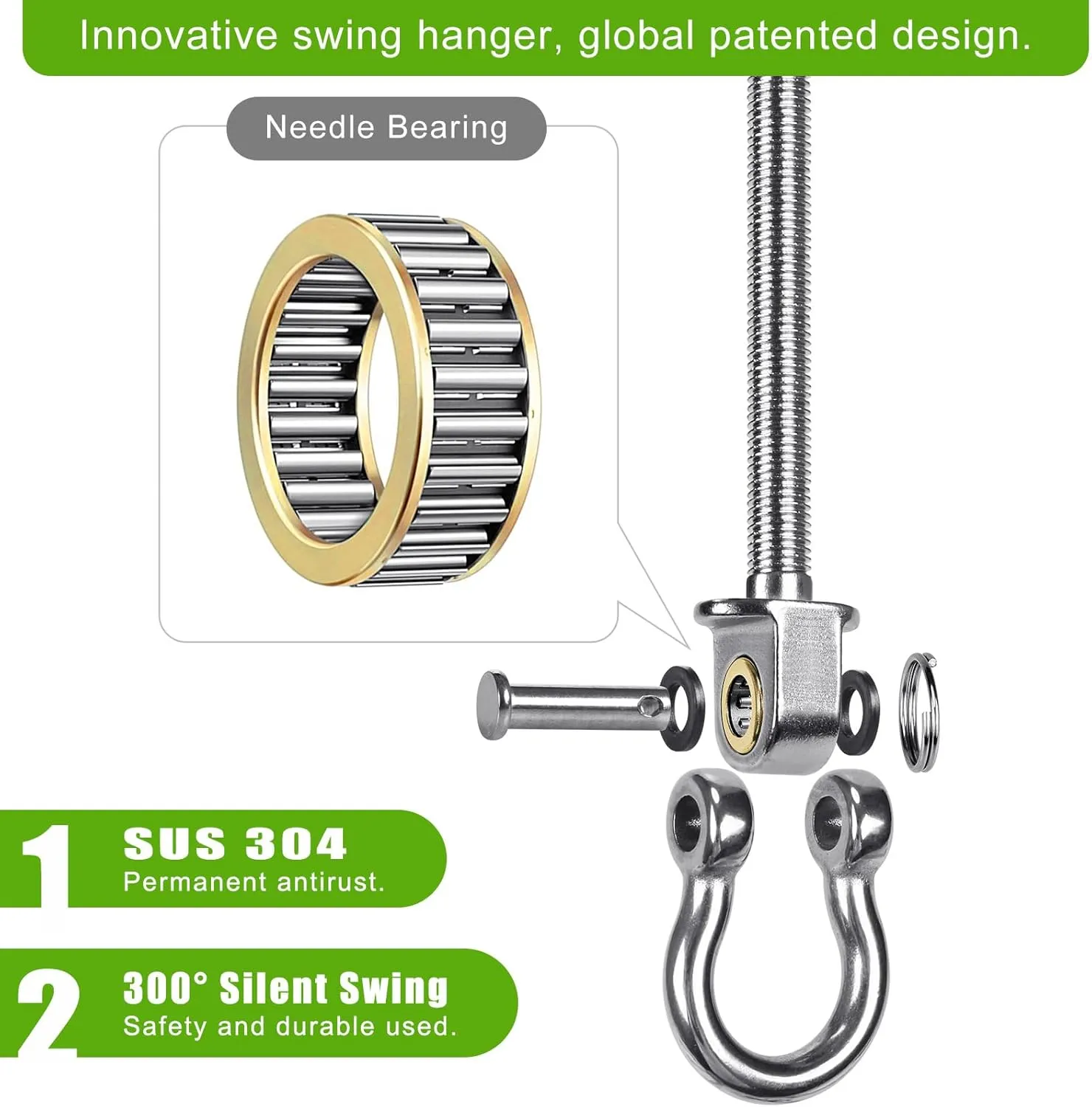 SELEWARE Heavy Duty Swing Hangers with Silent Bearings, 1500LB Capacity Stainless Steel Swing Hardware Kit (2 Pack), M10 x 9" Bolts for Wood/Steel Beams, Porch Swings, Yoga Hammocks, Gym Rings