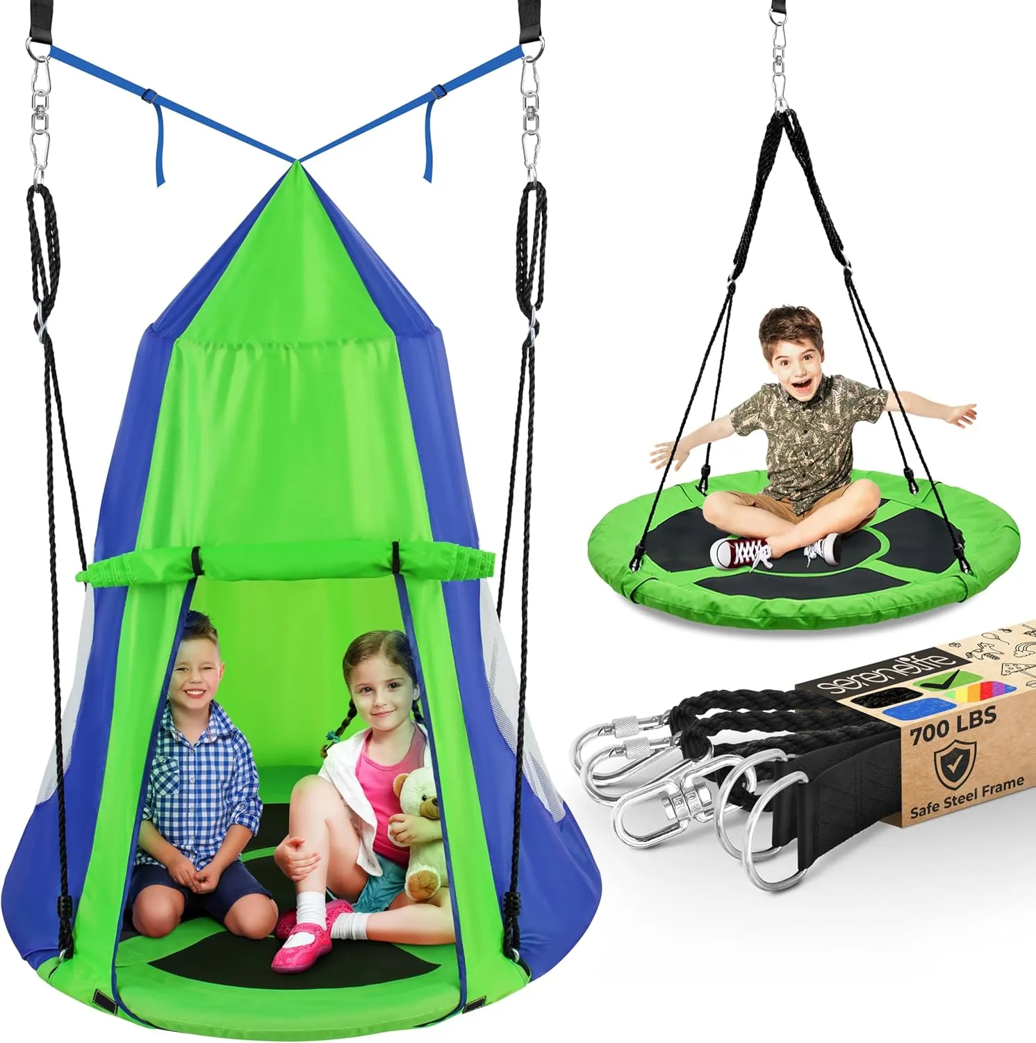 SereneLife 40" Kids Hanging Tent Swing, Circle Swings for Outside w/Detachable Tent & Swinging Swivel Spinner,Green/Blue