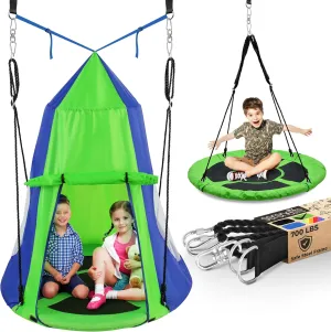 SereneLife 40" Kids Hanging Tent Swing, Circle Swings for Outside w/Detachable Tent & Swinging Swivel Spinner,Green/Blue
