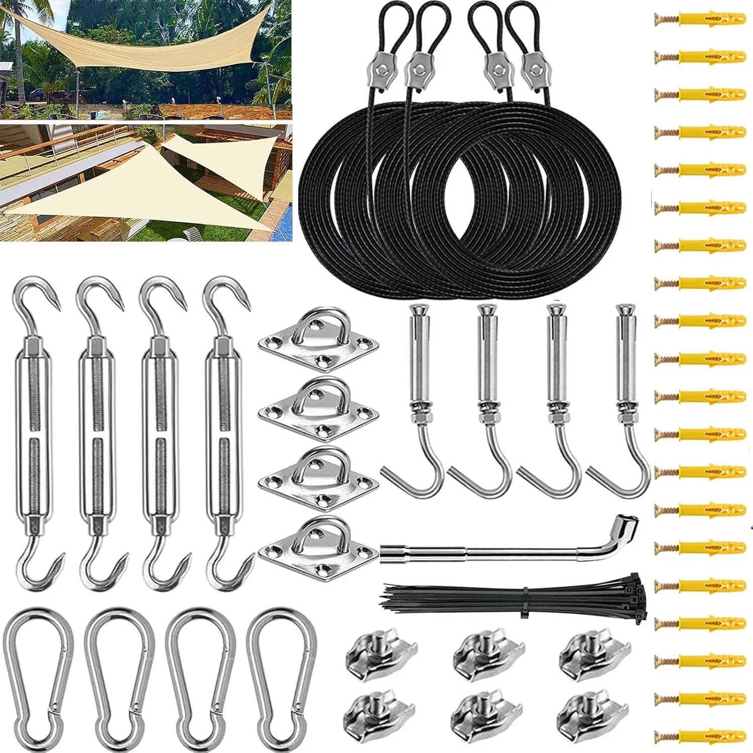 Shade Sail Hardware Kit with 4pcs 13ft Nylon Coated Cable Wire, Sun Shade Sail Hardware 304 Grade Stainless Installation Kit Set for Triangle Square Rectangle Sun Shade Sail for Outdoor_111Pcs