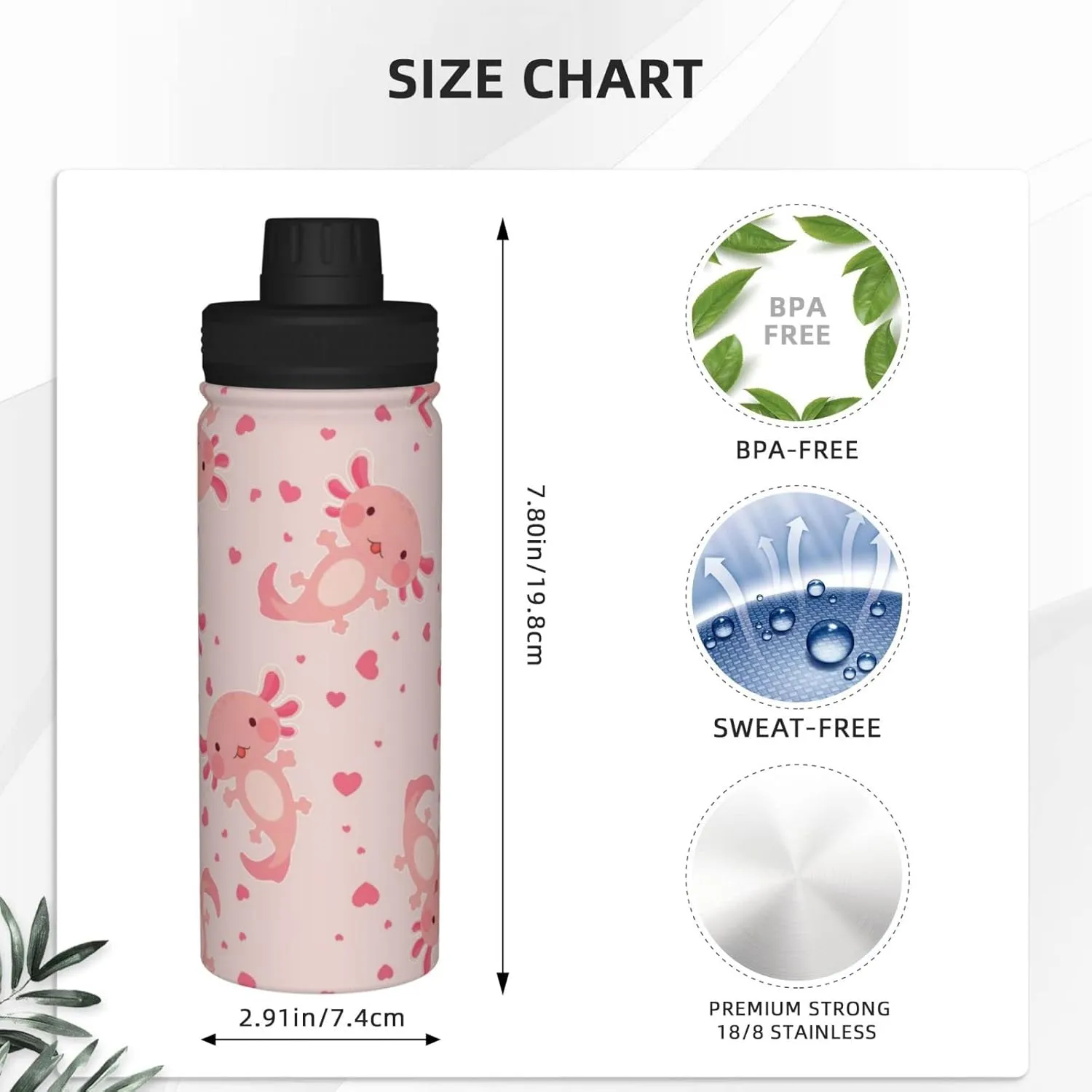 shangtiezao Axolotl 18oz Sports Insulated Water Bottle Double-Wall Vacuum Stainless Steel Reusable Leak & Sweat Proof Water Kettle For Fitness Gym Outdoor Girls Women