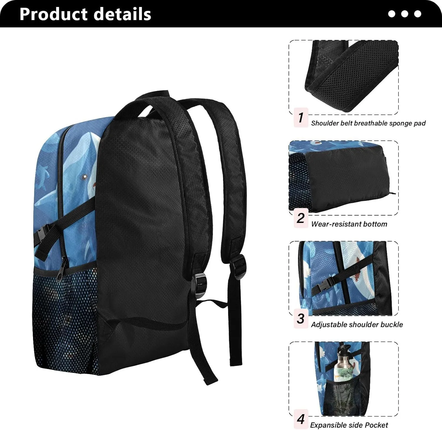 Shark Cartoon Foldable Backpack - Kids Friendly Packable Daypack with 2 Side Pockets, Compact 22x22x5cm Storage Size for Beach/Theme Park