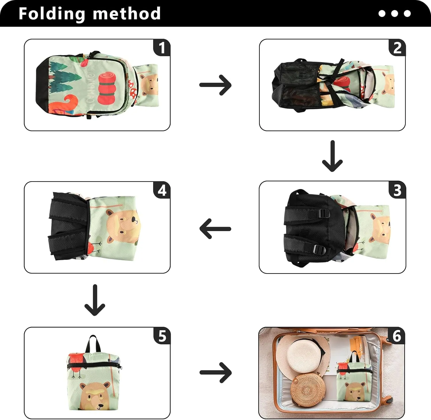 Shark Cartoon Foldable Backpack - Kids Friendly Packable Daypack with 2 Side Pockets, Compact 22x22x5cm Storage Size for Beach/Theme Park