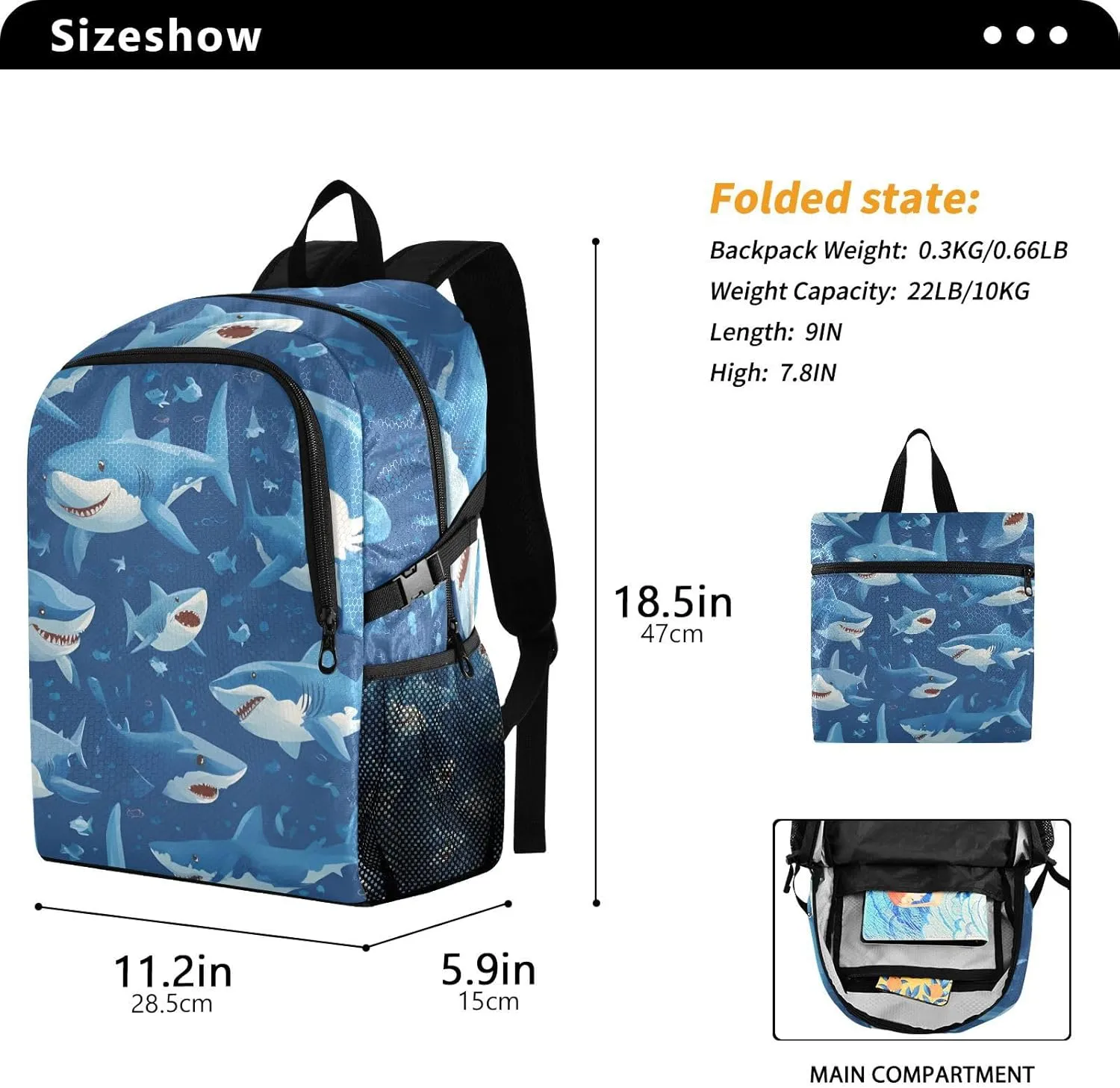 Shark Cartoon Foldable Backpack - Kids Friendly Packable Daypack with 2 Side Pockets, Compact 22x22x5cm Storage Size for Beach/Theme Park
