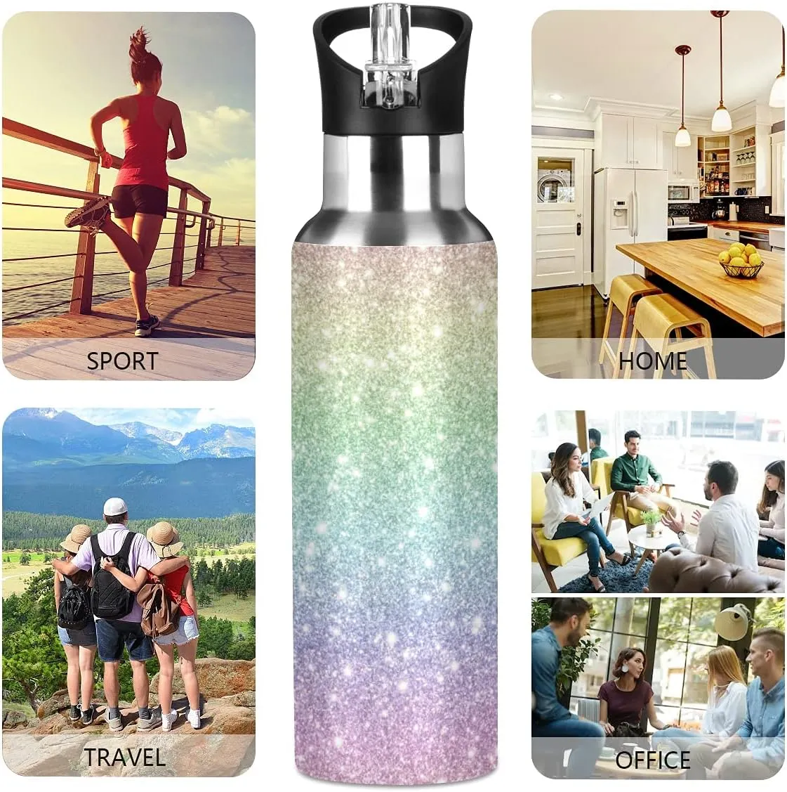 Shiny Rainbow Glitter Water Bottle Kids Bottle with Straw Lid Kids Insulated Stainless Steel Water Flask Leakproof Bottle for Gym Outdoor 20 oz