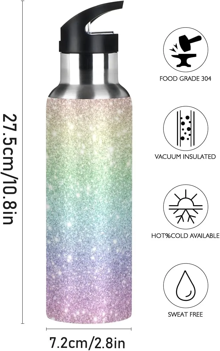 Shiny Rainbow Glitter Water Bottle Kids Bottle with Straw Lid Kids Insulated Stainless Steel Water Flask Leakproof Bottle for Gym Outdoor 20 oz