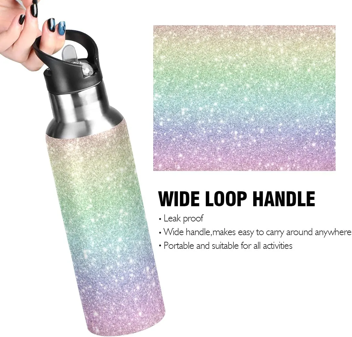 Shiny Rainbow Glitter Water Bottle Kids Bottle with Straw Lid Kids Insulated Stainless Steel Water Flask Leakproof Bottle for Gym Outdoor 20 oz