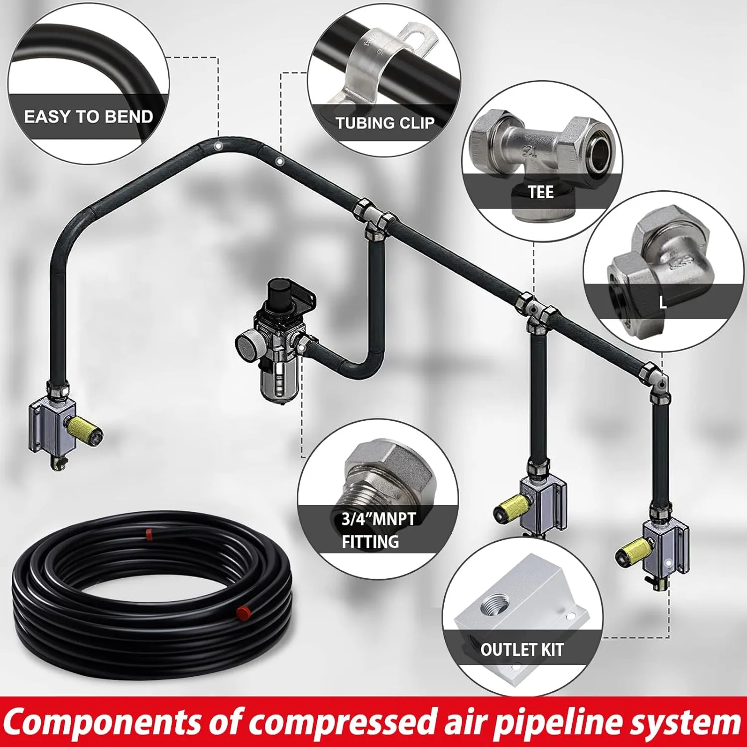 Shop Air Line Kit, 3/4"x100ft HDPE-Aluminum Tubing with 37pcs Air Line Fittings Kit, Compressed Air Line Kit Compatible with Rapid Air System, Air Line Kit for Garage/Workshop
