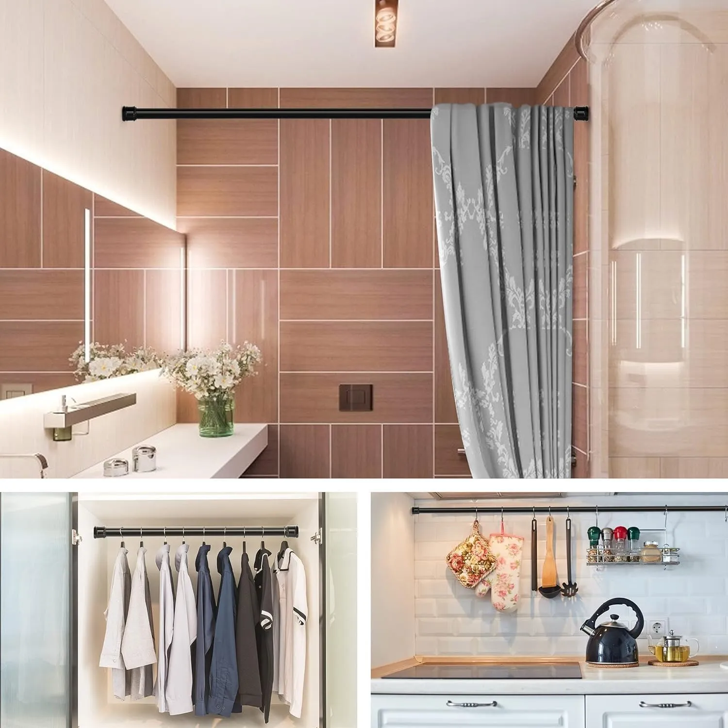 Shower Curtain Rod 56-104 Inch, 1"Diameter Spring Long Adjustable Tension Curtain Rods for Bathroom Windows Closet No Drilling No Rust, Black